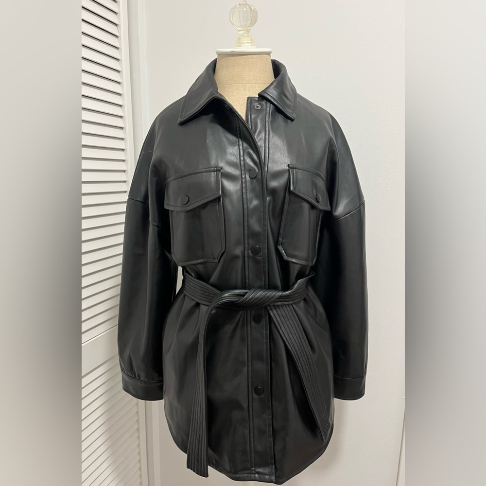 Sleek New Black Faux Leather Belted Jacket